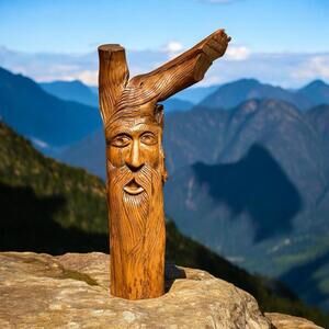 Vtg Handcarved Artist Signed Wood Tree Spirit Mythical Protector Animals Trees